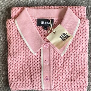 SER.O.YA Pink and White Zane Crochet Polo NWT (L)